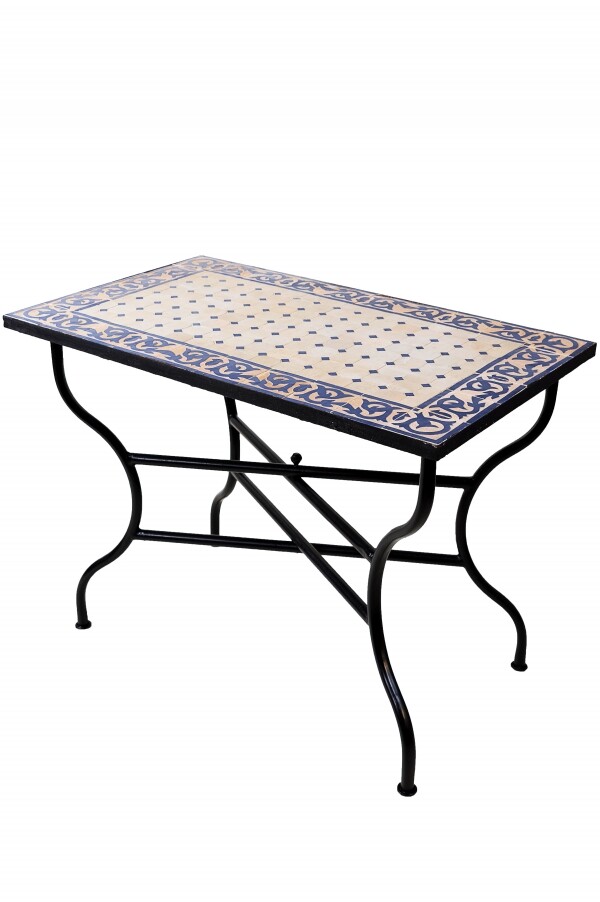 Mesa marroquí con mosaicos de Fez, beige y azul, 100 