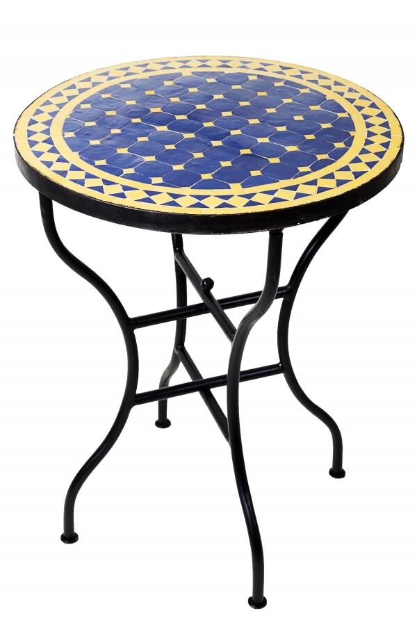 Mesa marroquí con mosaicos Marrakech azul y amarillo,