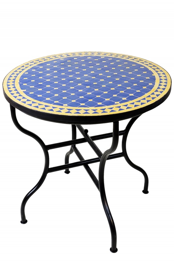 Mesa marroquí con mosaicos Marrakech azul y amarillo,