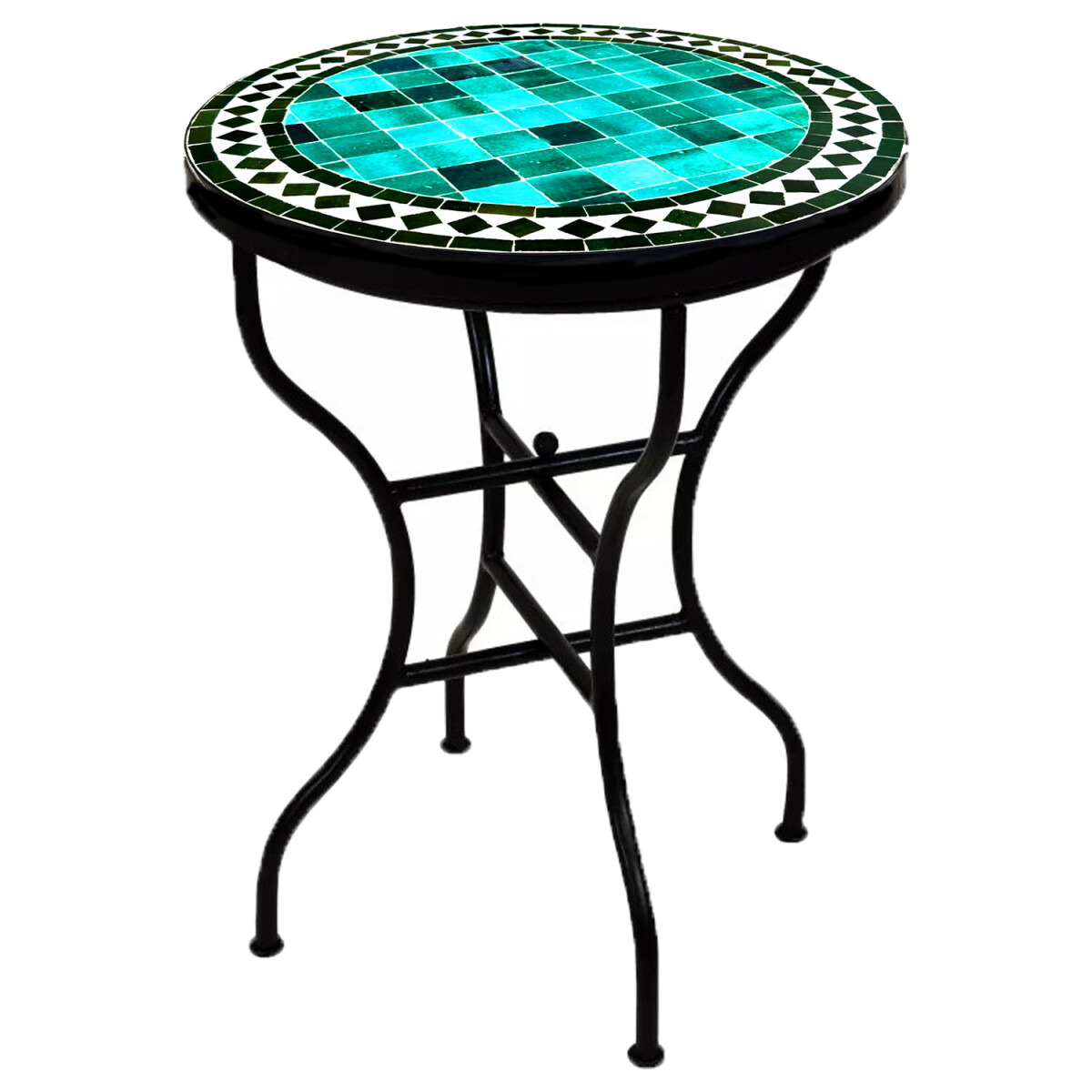 Mesa marroquí con mosaicos de Marrakech, verde y negr