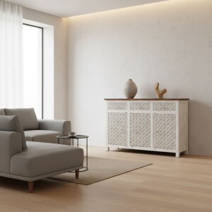 Aparador Vijay de madera maciza de 165 cm, tallado a...