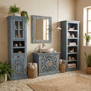 Espejo de pared Kirpal azul, estilo oriental, madera...