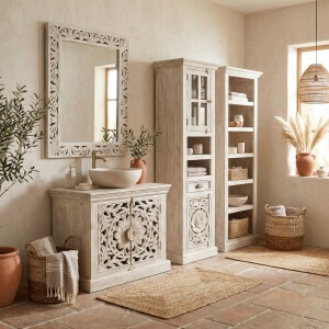 Mueble de baño Kirpal blanco, estilo oriental,...