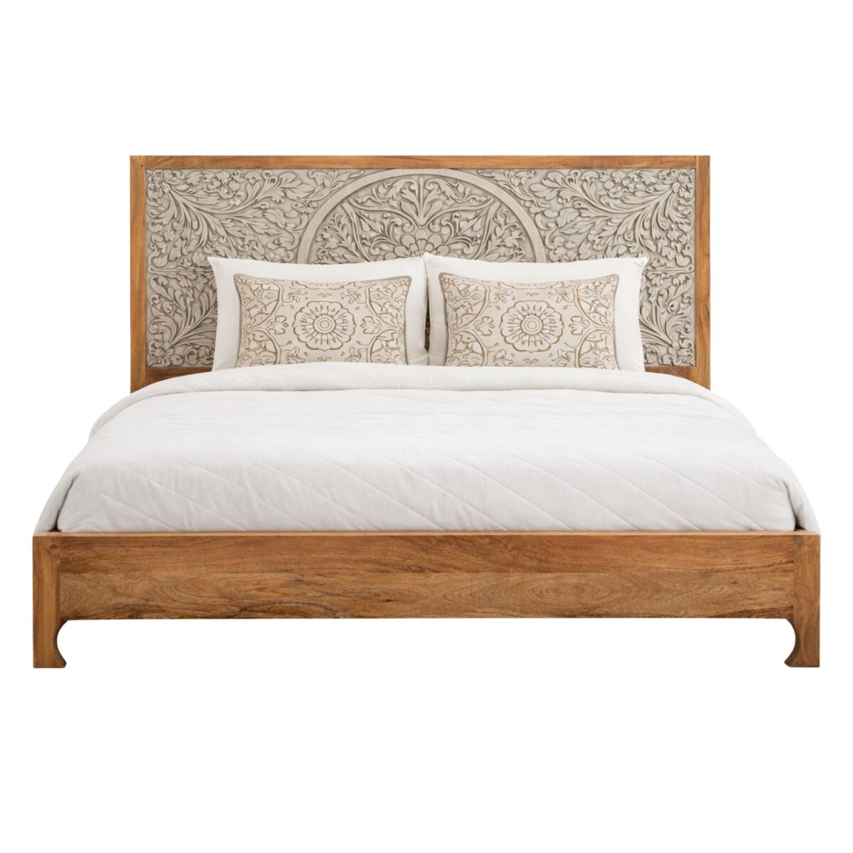 Cama doble de madera maciza Kochi, 180 x 200 cm, estilo boho