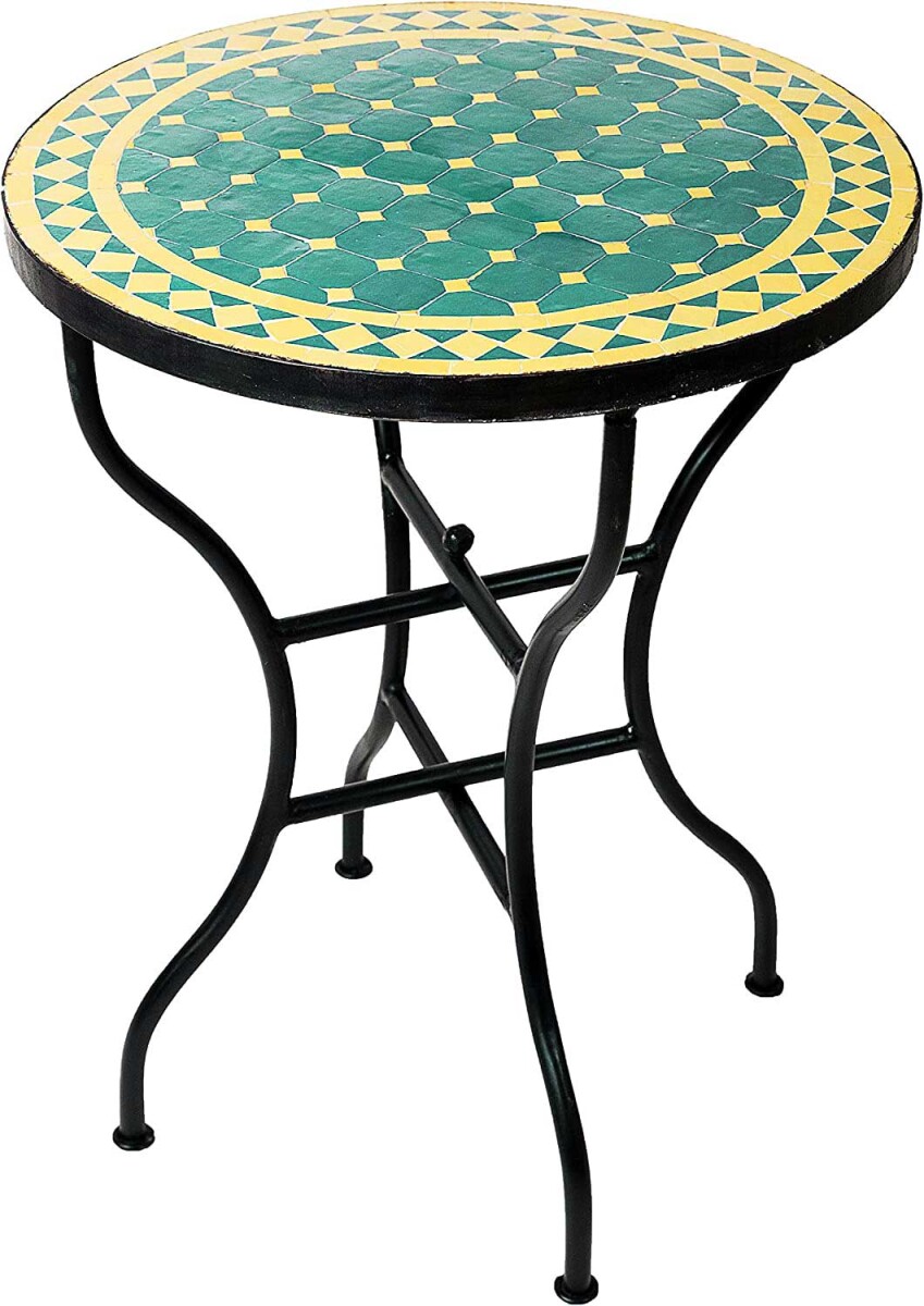 Mesa marroquí con mosaicos de Marrakech, verde y amar