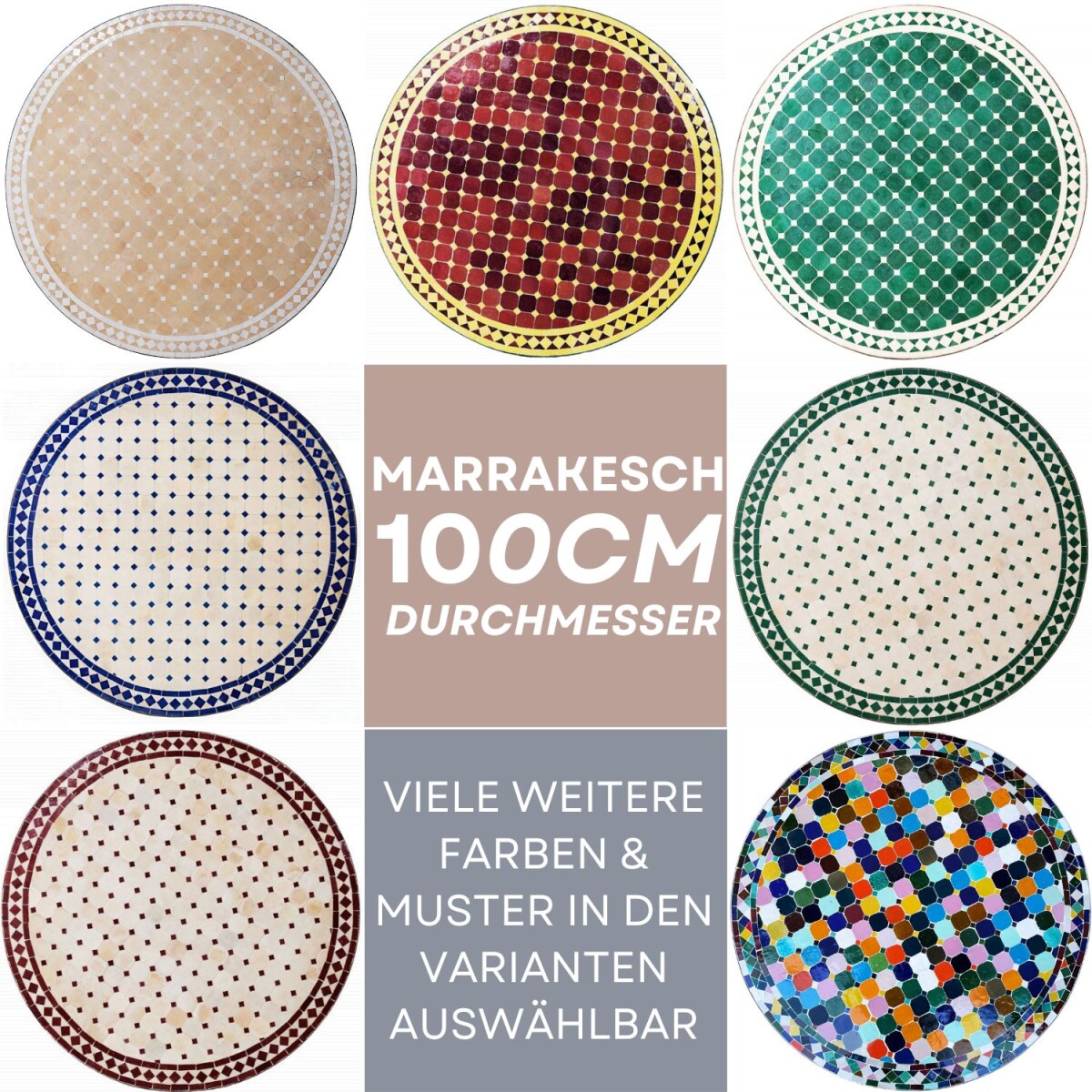 Mesa marroquí con mosaicos de Marrakech, 100 cm | Hec