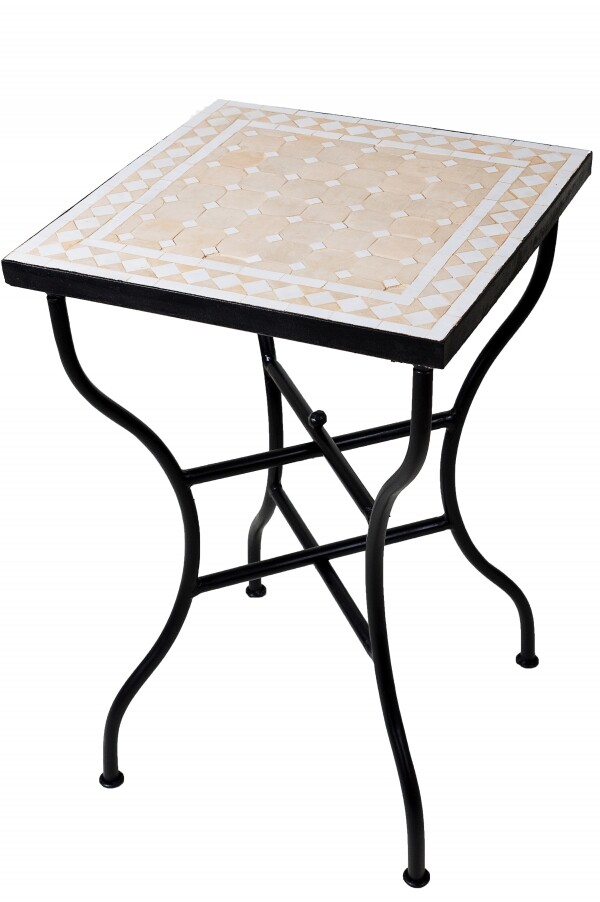 Mesa marroquí con mosaicos de Marrakech, beige y blan