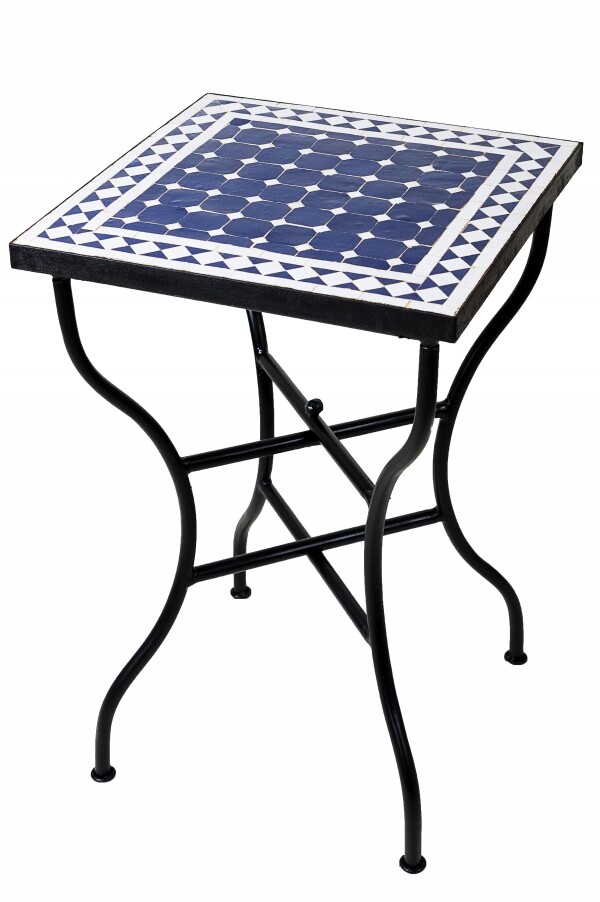Mesa marroquí con mosaicos de Marrakech, azul y blanc