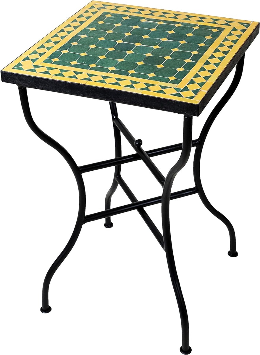 Mesa marroquí con mosaicos de Marrakech, verde y amar