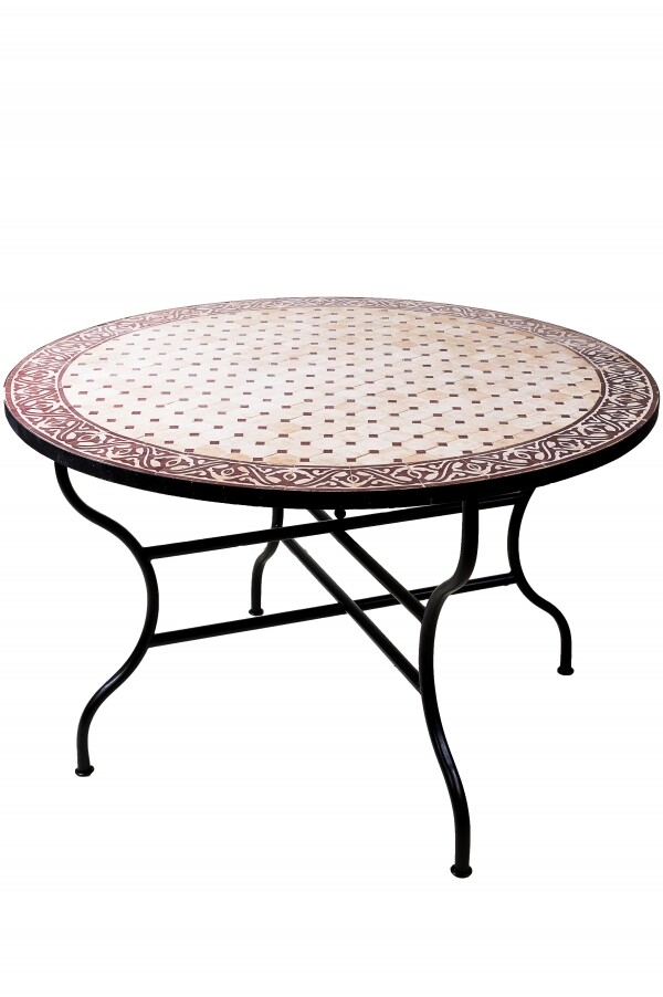 Mesa marroquí con mosaico Meknes, beige y burdeos, 12
