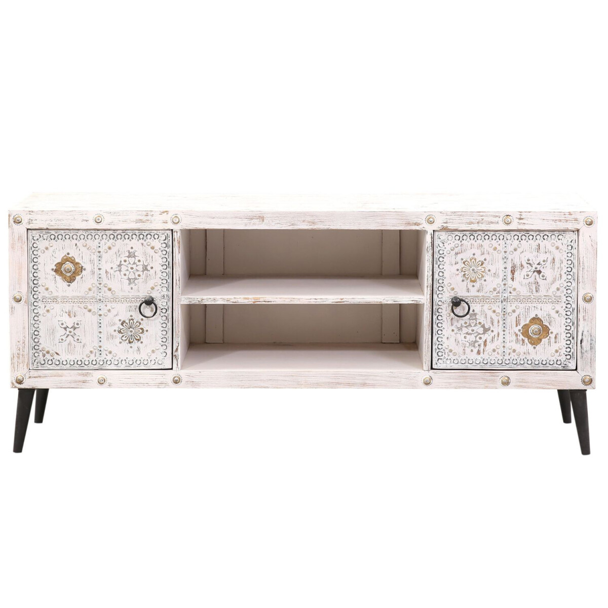 Mueble TV estilo boho con estante y banc box