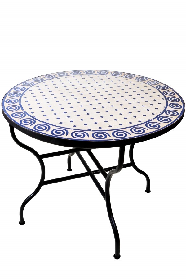 Mesa marroquí con mosaico en espiral, beige y azul, 1