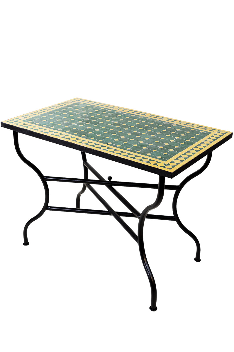 Mesa marroquí con mosaicos de Marrakech, verde y amar