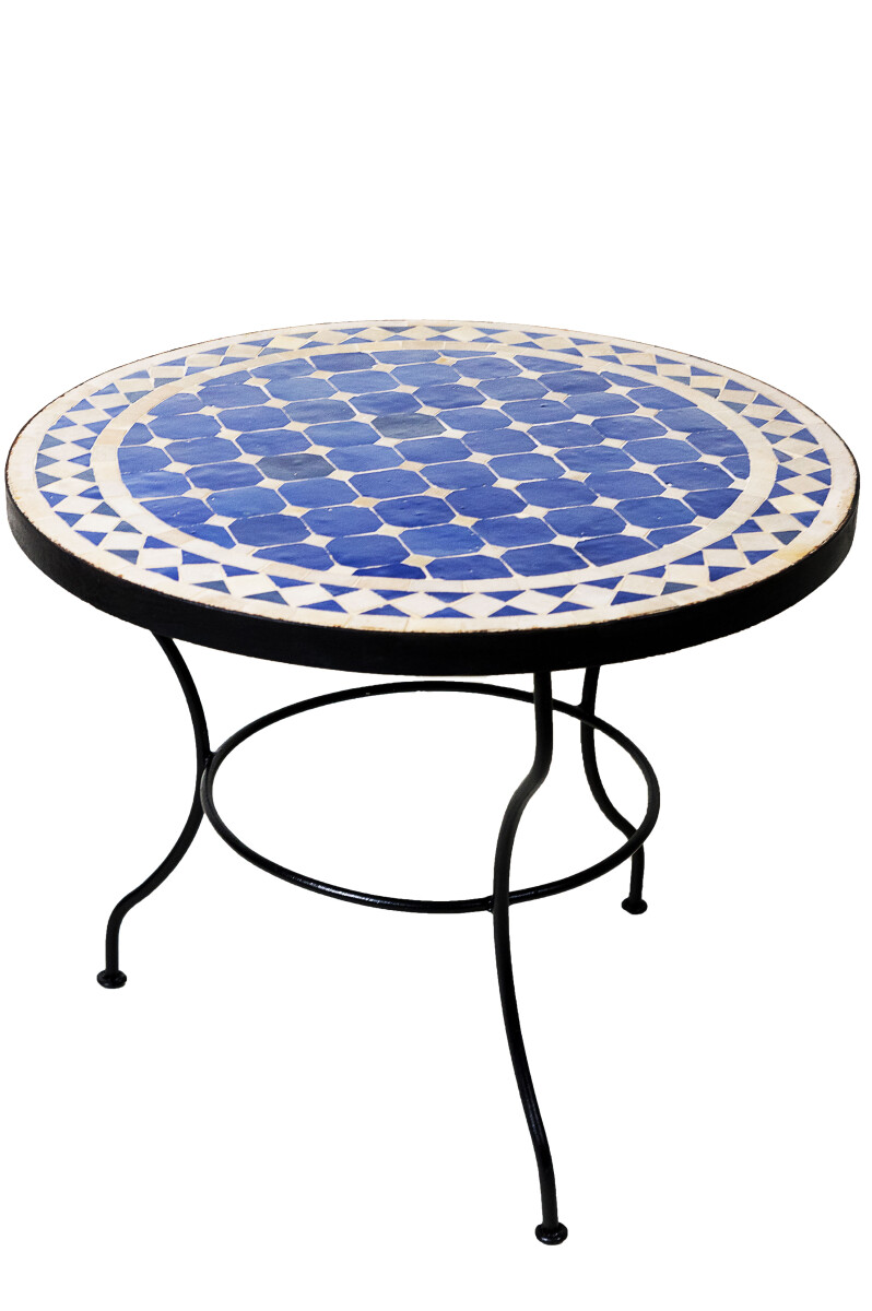 Mesa marroquí de mosaico, azul y beige de Marrakech, 