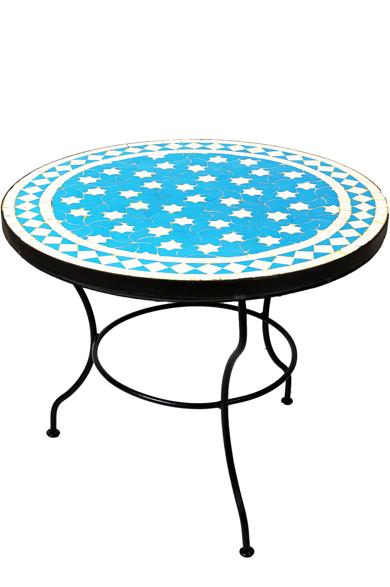 Mesa marroquí de mosaico Estrella, turquesa y blanco,