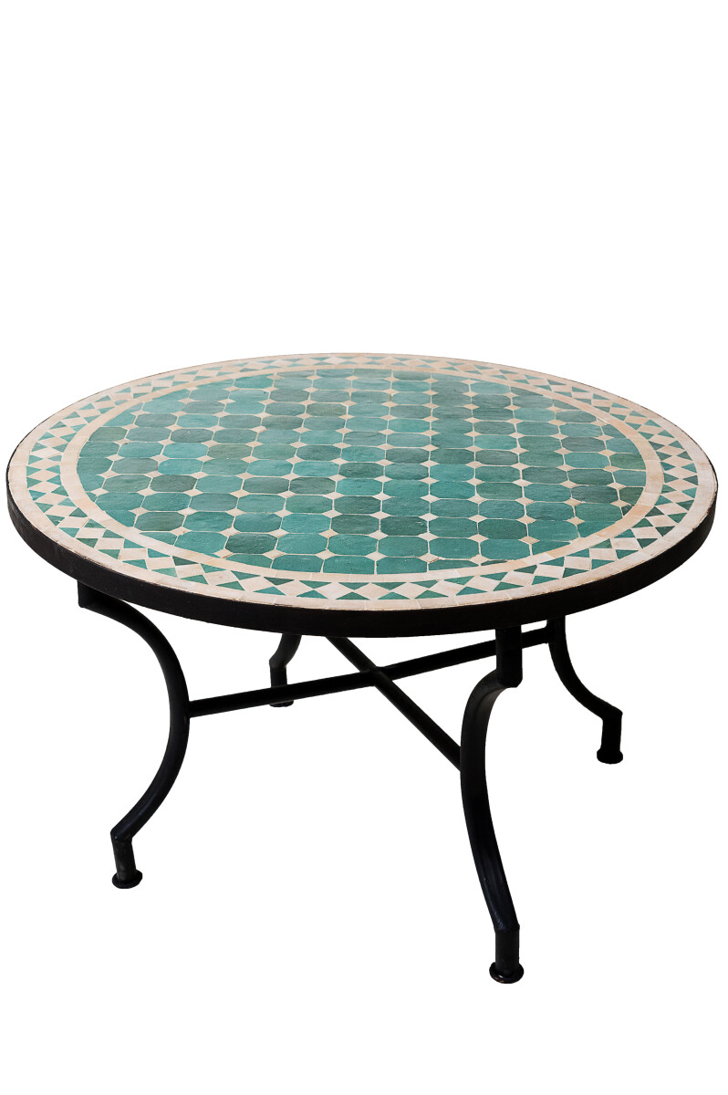 Mesa marroquí con mosaicos, Marrakech, verde y beige,