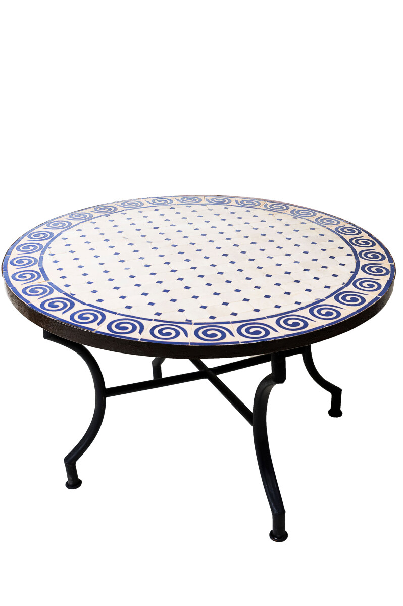 Mesa marroquí con mosaico en espiral, beige y azul, 1