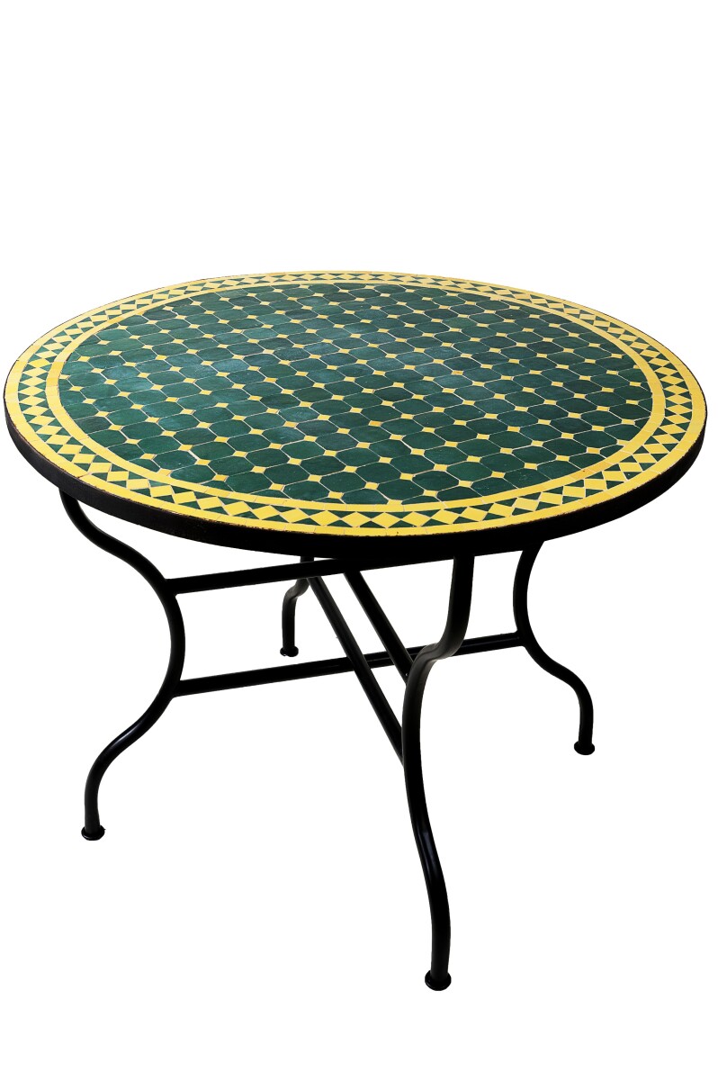 Mesa marroquí con mosaicos de Marrakech, verde y amar